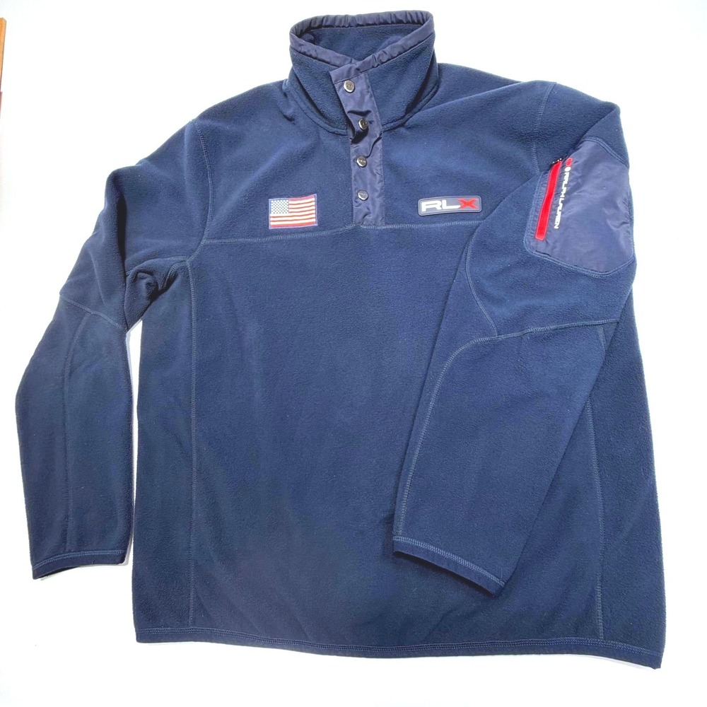 RLX Ralph Lauren Men's Fleece Pullover Large Navy USA Flag Patch